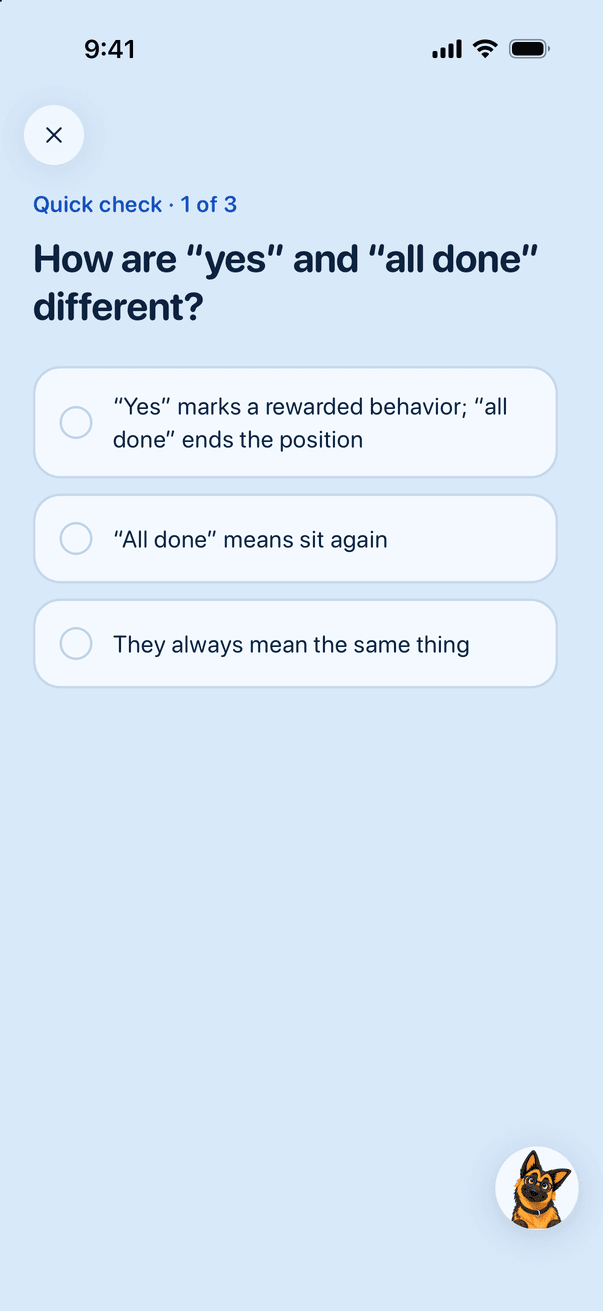 A quick-check question at the end of a CaninePal lesson.