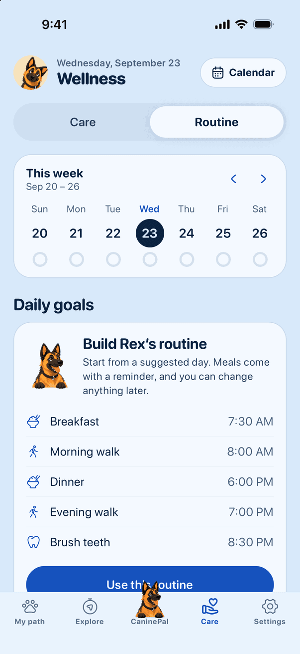 The Routine tab with a week calendar and daily goals: breakfast, walks, dinner and brushing teeth.